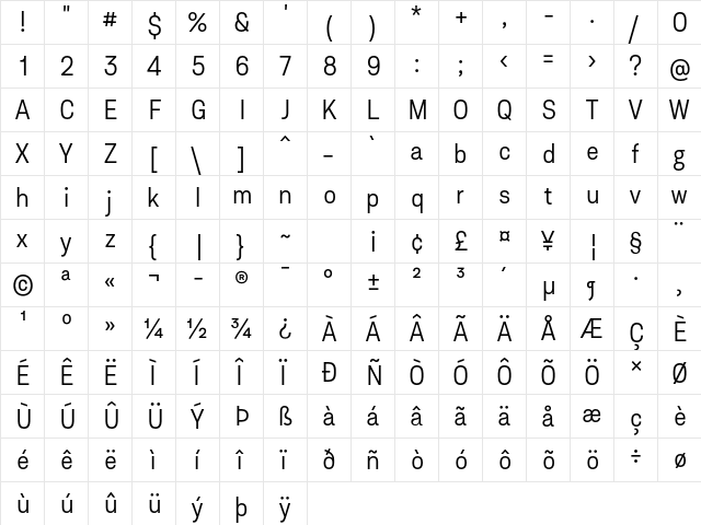 Asket Narrow Light  glyph index