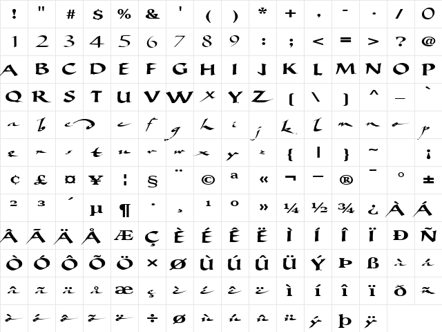 BigBrushFont19 Regular  glyph index