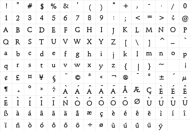 Schroeder Bold  glyph index