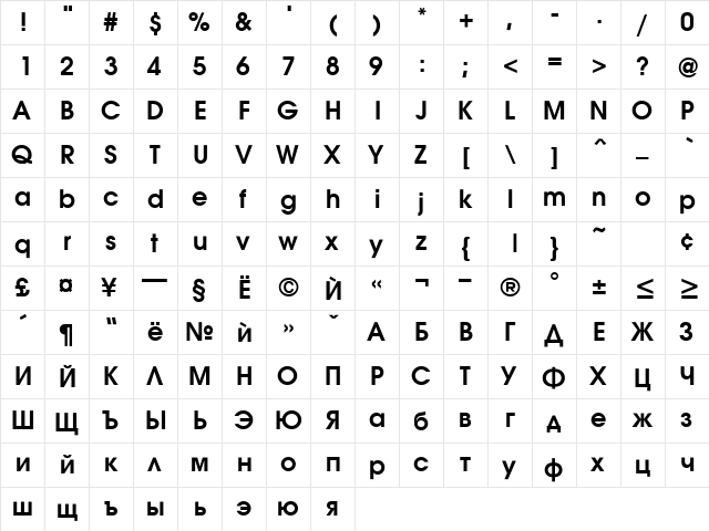 Avanti Bold  glyph index