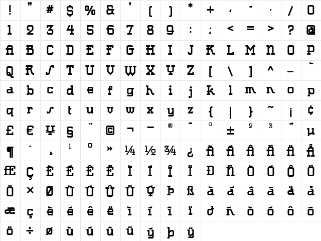 Rocketman XV7 Bold Regular  glyph index