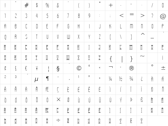 Operator Nine BTN Lined Lt Regular  glyph index
