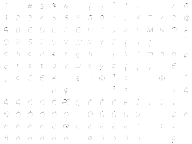 HouschkaThinItalic ThinItalic  glyph index