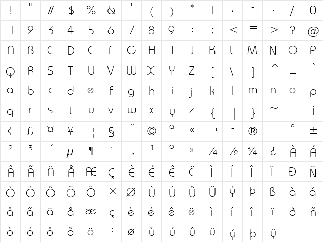 Bauhaus Lt BT Light  glyph index