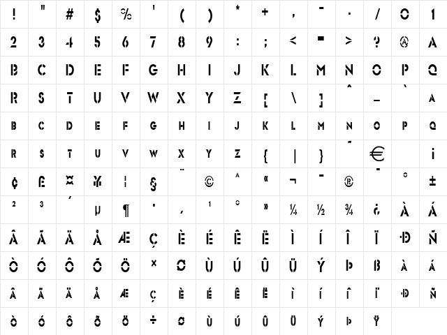 TemplettCondensed Normal  glyph index