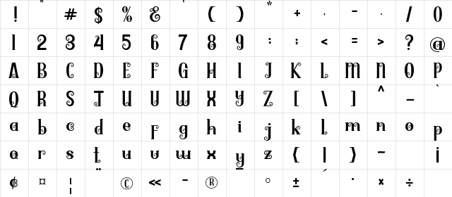 Barringtone Regular  glyph index