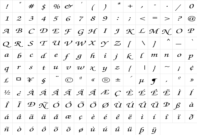 ZapfChancery-MediumItalic Ex Regular  glyph index