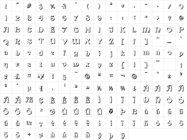 Becker Shadow Regular  glyph index