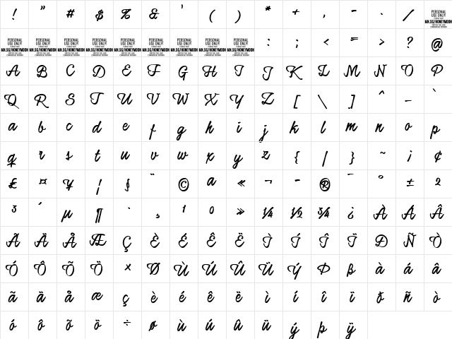 Honeymoon Up Bold PERSONAL USE Regular  glyph index