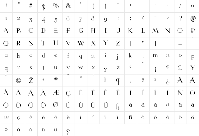 GraybarBook Regular  glyph index