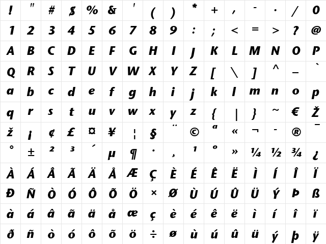 StoneSans LT Bold Italic  glyph index