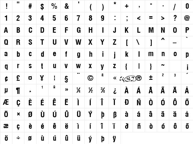 Arena Condensed Bold  glyph index