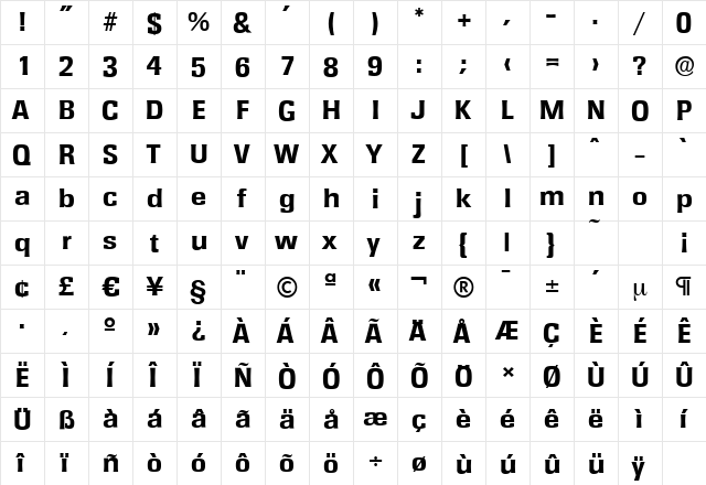 RochesterSerial-Xbold Regular  glyph index
