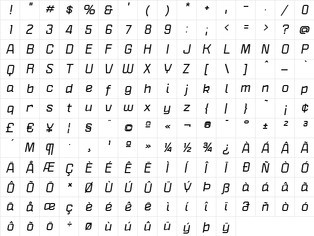 Politica XT Bold Italic  glyph index