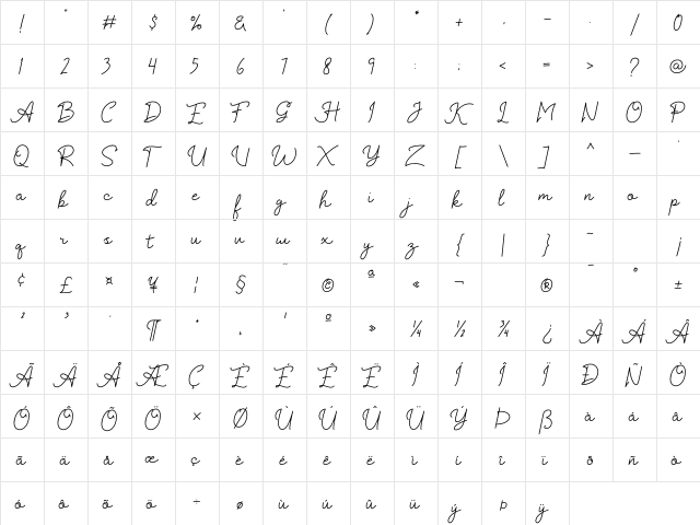 Kaylari Regular  glyph index