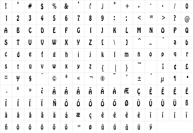 GuthrieCondensed Regular  glyph index