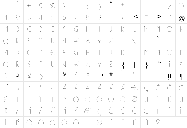 Busorama CG Light Regular  glyph index