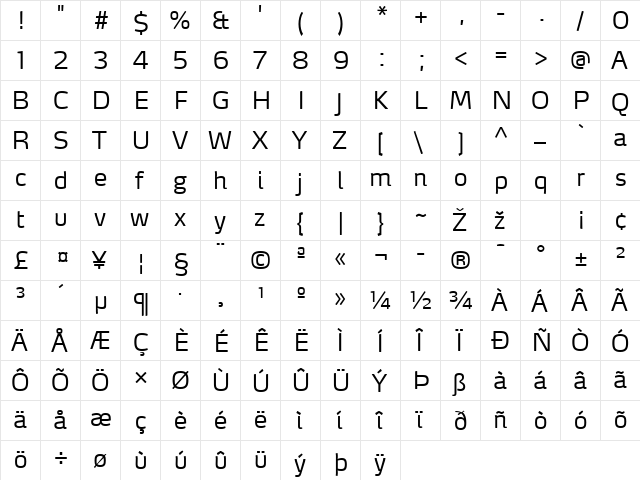 MaxDemiSerifLF-Light Regular  glyph index
