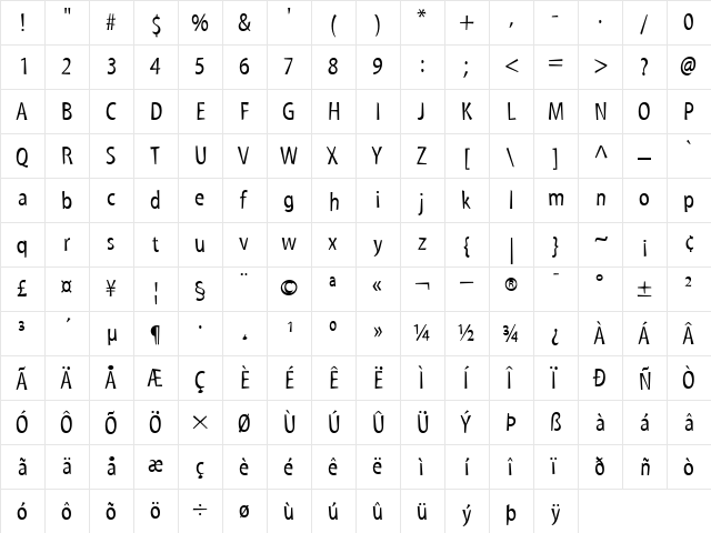MyriadTilt Roman  glyph index