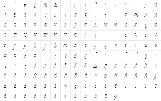BodoniAntTRegConItaOu1 Regular  glyph index