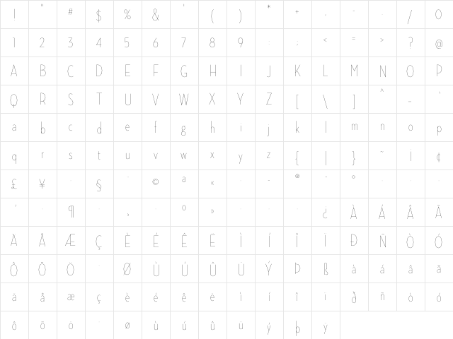 Neutraface Condensed Thin  glyph index