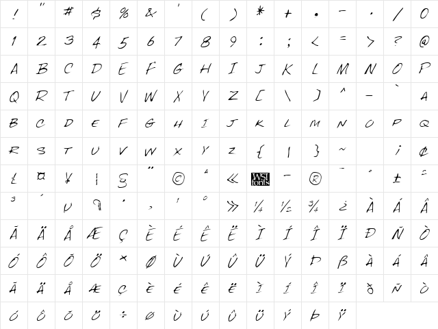 FentonsHand Regular  glyph index