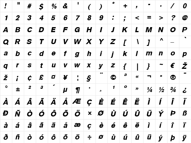 BasicCommercial LT Roman Bold Italic  glyph index