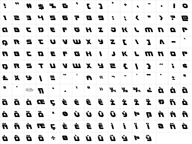 Laser Corps Leftalic Regular  glyph index