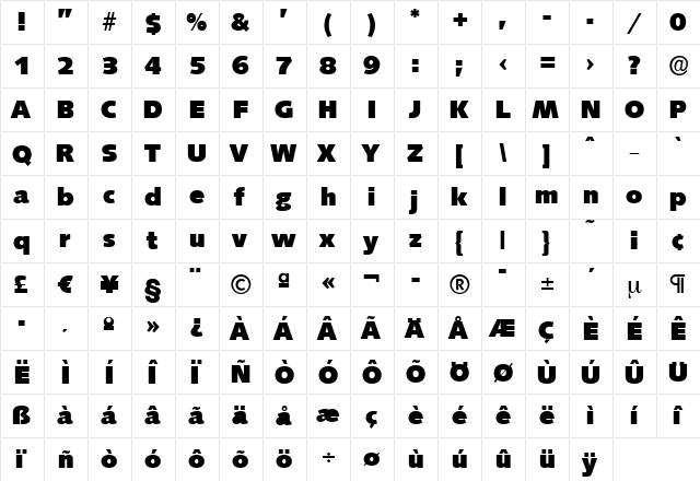 RogerBecker-Heavy Regular  glyph index