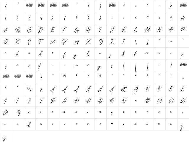 Belgium Catherine Regular  glyph index
