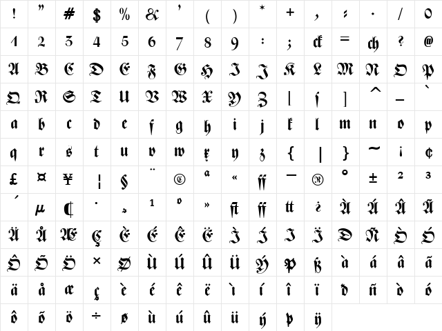 Zentenar Fraktur OsF Bold  glyph index