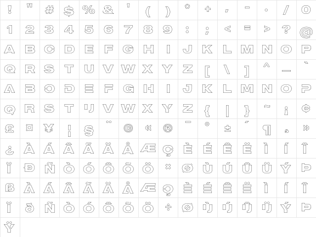 MADE Outer Sans Outline Alt Bold  glyph index