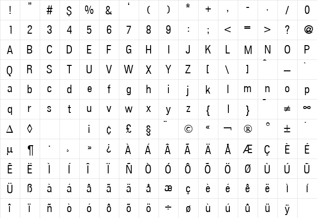 FocusCondLight Regular  glyph index