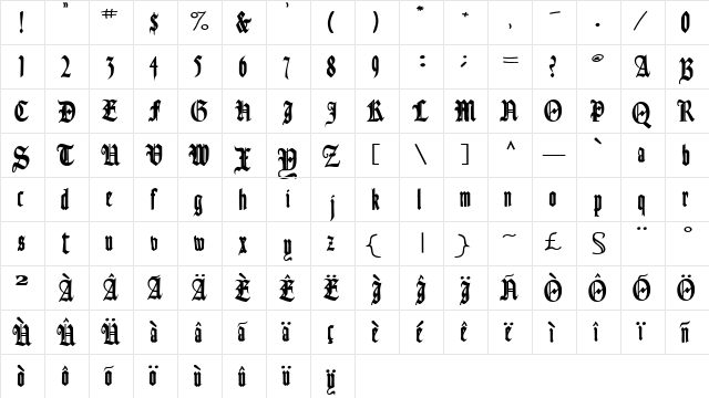 OldGerman Bold  glyph index