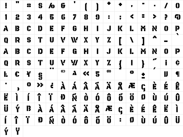 Estenceler Regular  glyph index