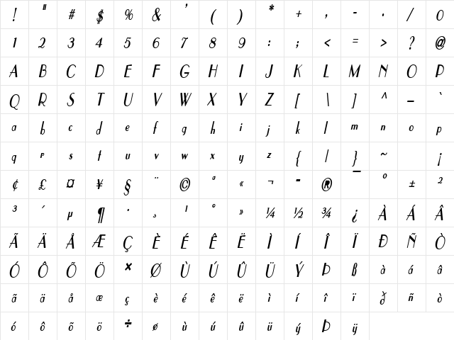 ElyseeCondensed BoldItalic  glyph index