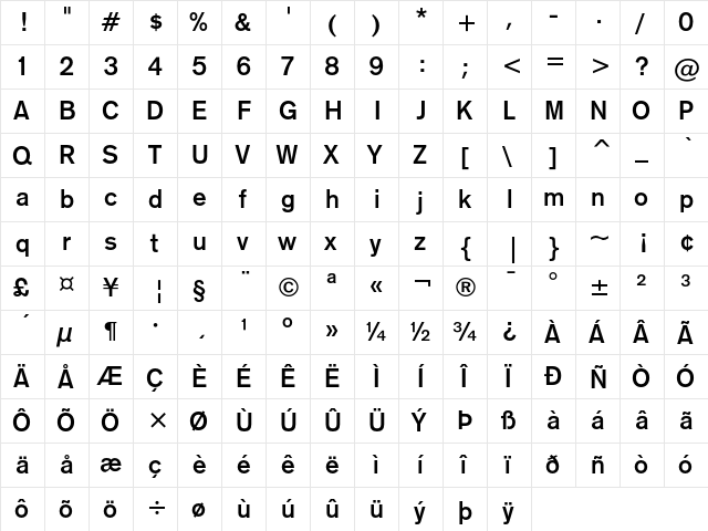 Gothic 725 Bold  glyph index