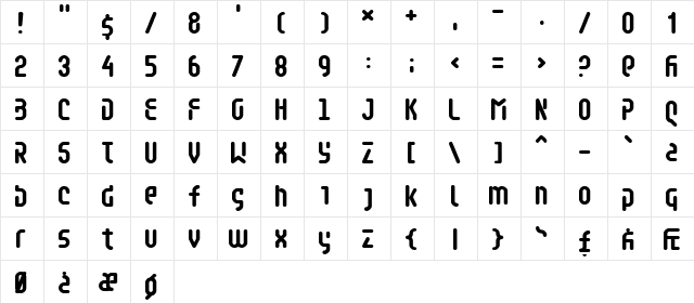 Retaliator Regular  glyph index