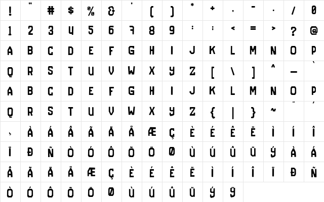 The Jersey Regular  glyph index