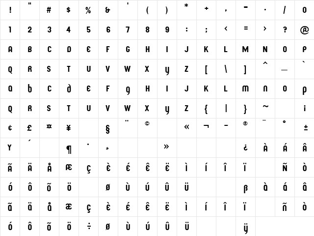 Udo Regular  glyph index