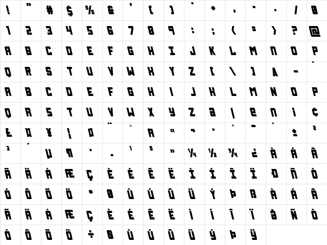 Urban Defender Leftalic Italic  glyph index