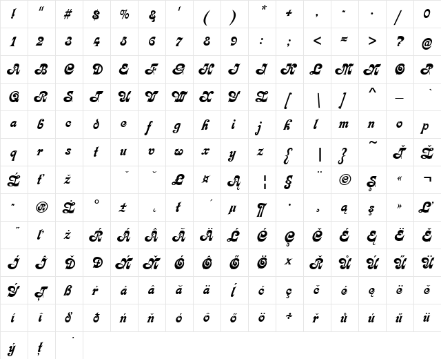 KalligraphiaDEE Regular  glyph index