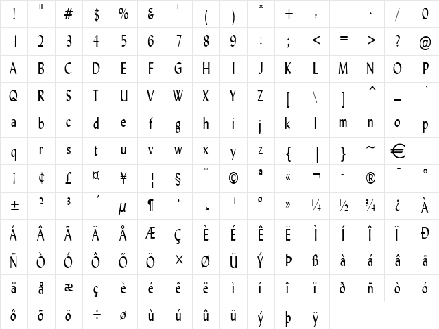 LyndaThin Normal  glyph index
