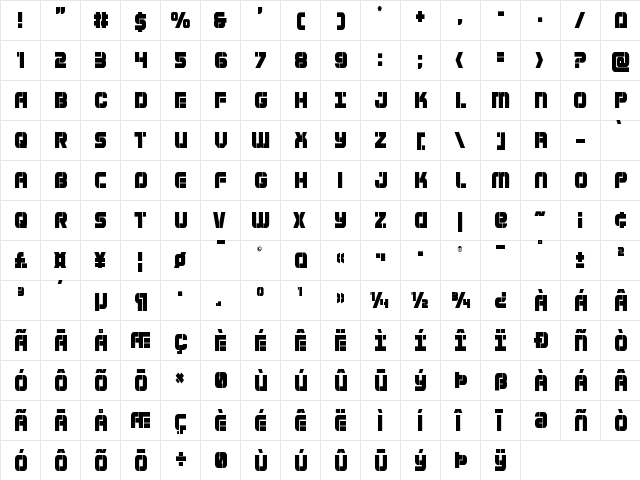 Super Submarine Condensed Condensed  glyph index