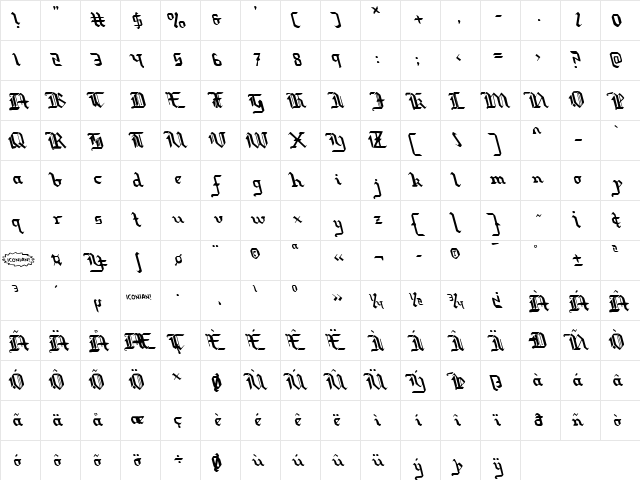 Redcoat Leftalic Italic  glyph index