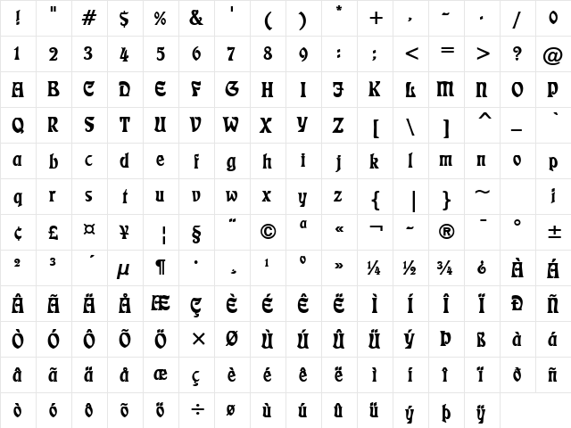 Freedom Bold  glyph index