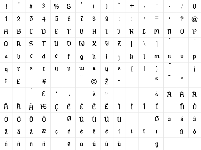Eros Text Regular  glyph index