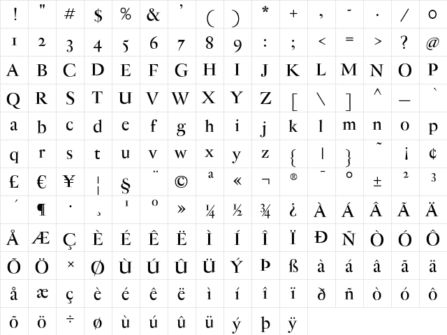 Antique Moderne Regular  glyph index