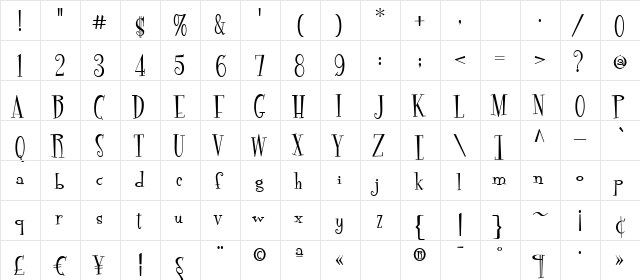 Pudelina Regular  glyph index