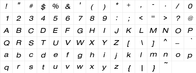 Addington Ext Oblique Regular  glyph index